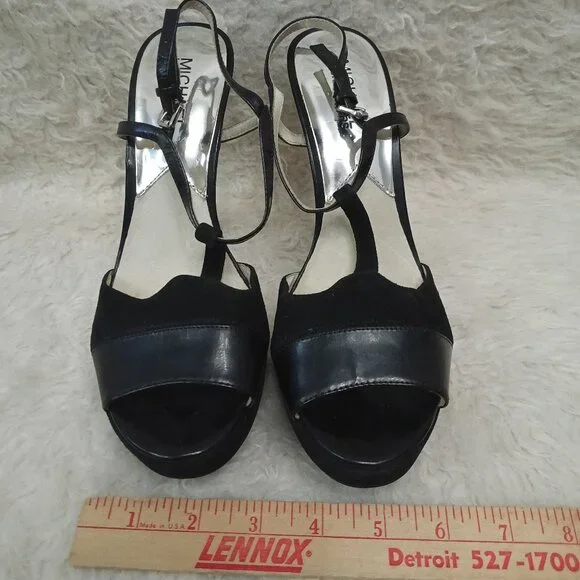 Michael Kors Black Felicia T Strap Platform Peep Toe Heel US 8M - Picture 2 of 8